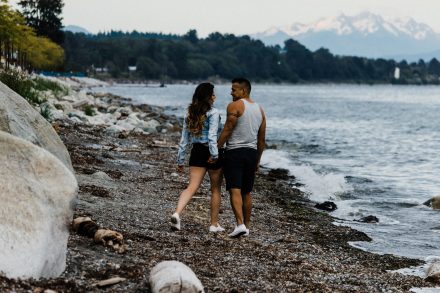 Couple is walking away holding hands on a beach